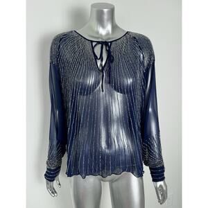 Max & Moi Silk Blouse Women’s S/M Blue Beaded Key Hole Neck Long Sleeve